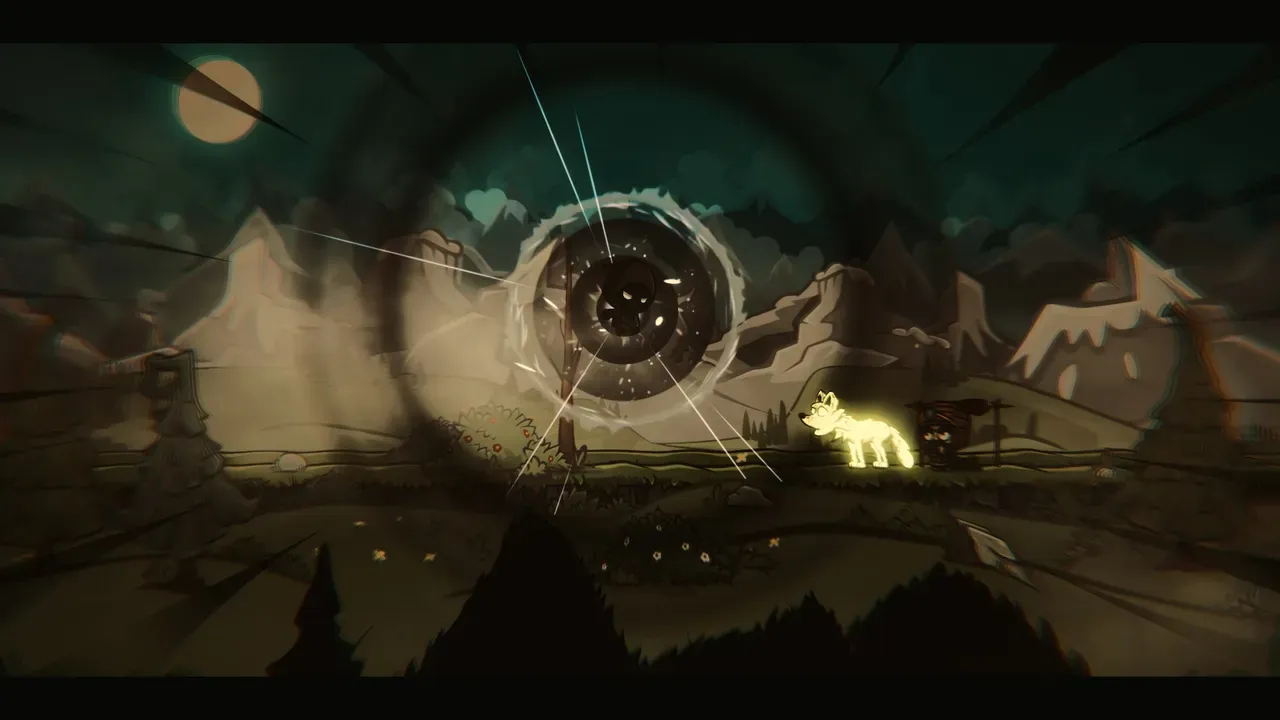 Silks of Mind screenshot showing a dramatic encounter with a dark vortex and a glowing spirit wolf in the mountains