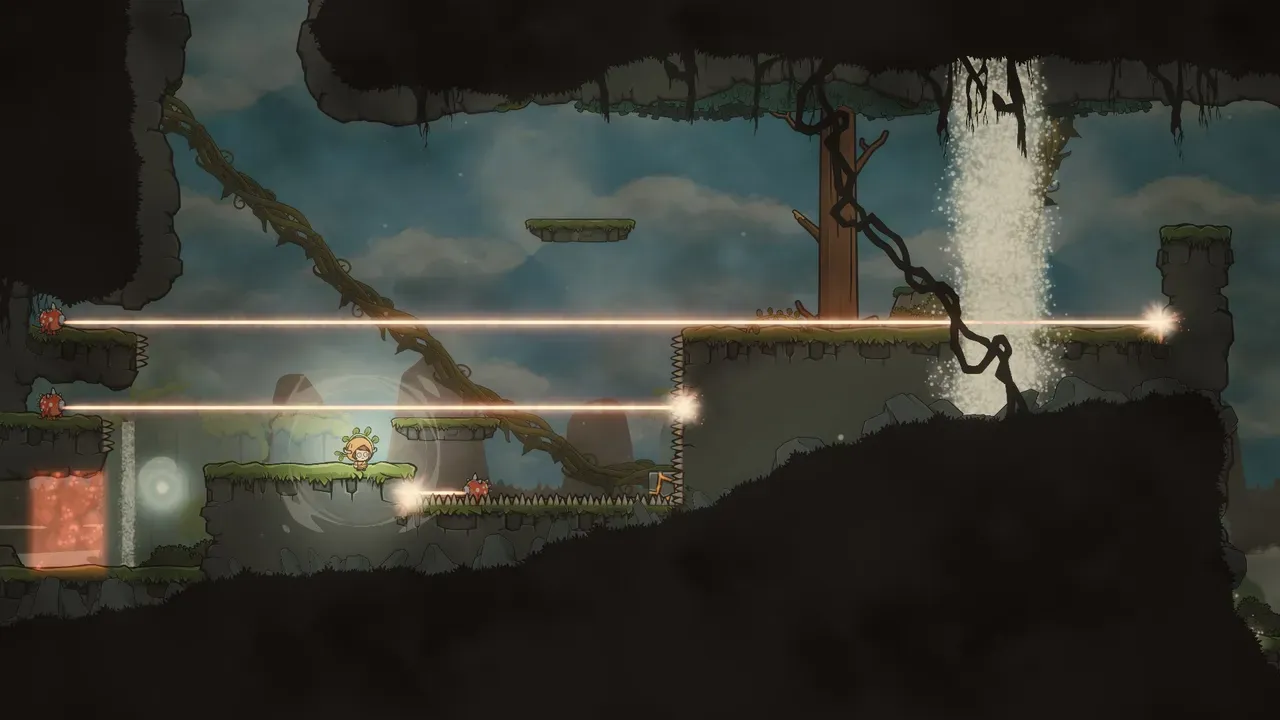 Silks of Mind screenshot showing the protagonist dodging horizontal laser beams in caves near a waterfall