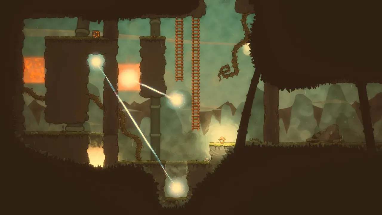 Silks of Mind screenshot showing glowing orbs of light reflecting beams across vines and ladders in an open cavern