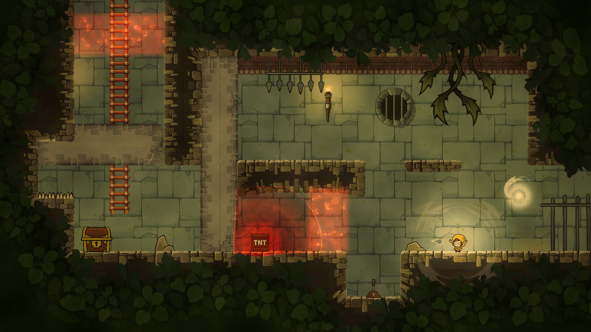 Silks of Mind screenshot showing spike traps, TNT and vines inside a crumbling temple puzzle room