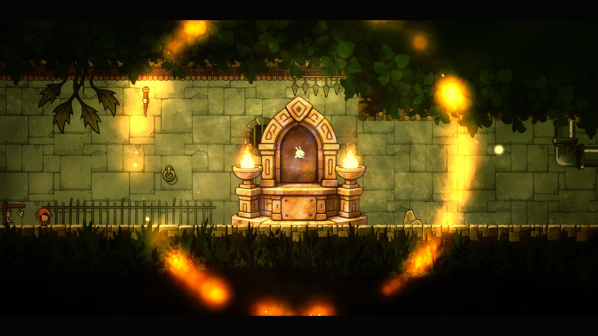 Silks of Mind screenshot showing the hero awakening a golden shrine bathed in fiery light while a spirit companion hovers above